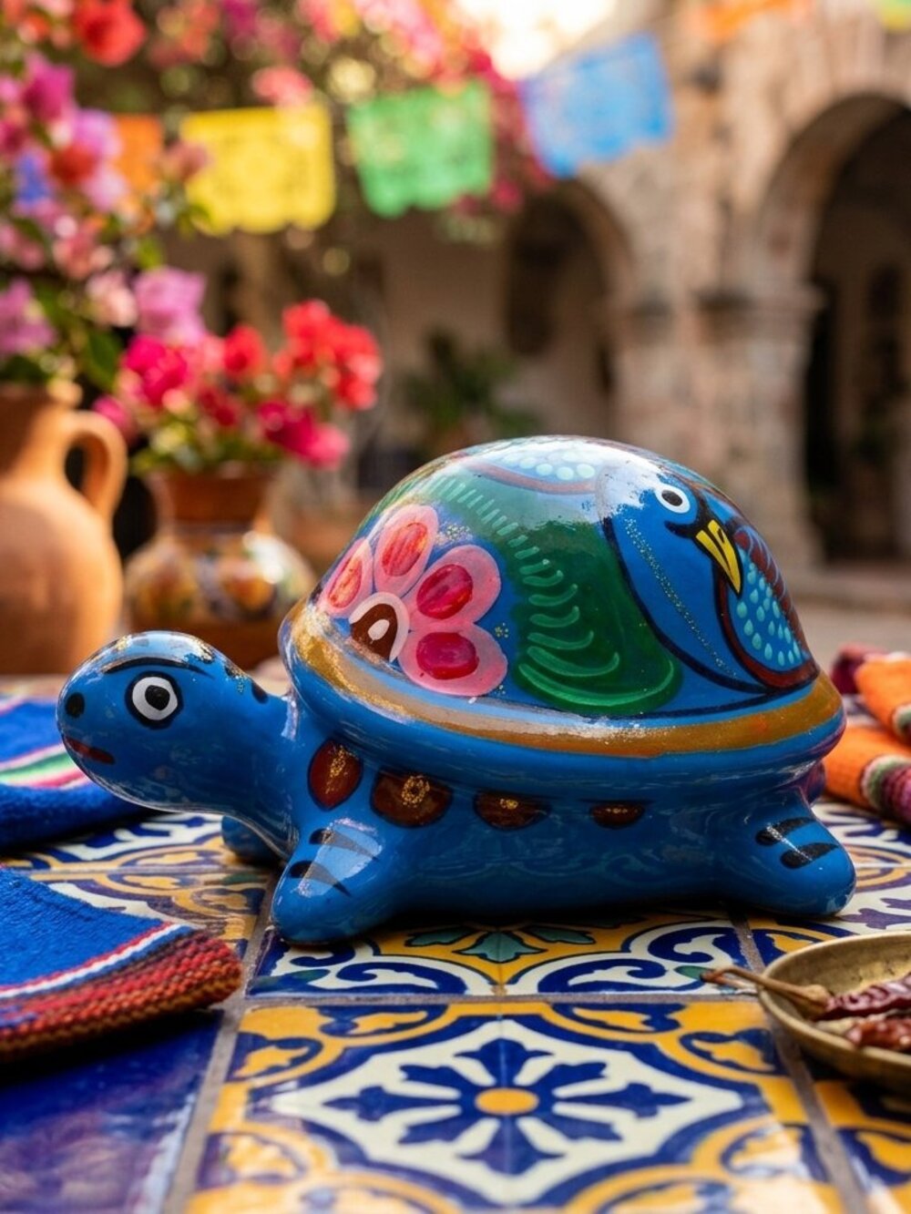 Talavera Pottery Turtle Jewelry Trinket Box Blue Hand Painted Terracotta Clay